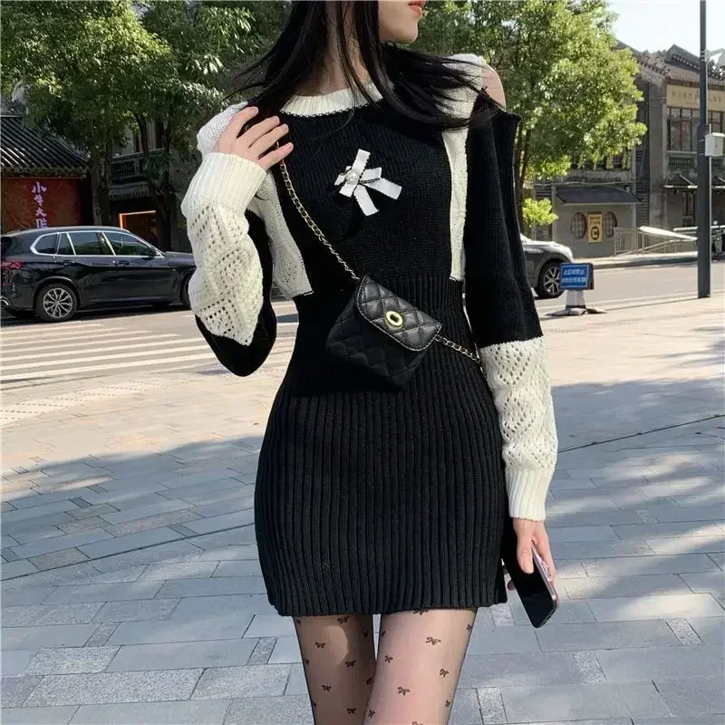 Short Elegant and Pretty Extreme Mini Female Knit Dress Autumn Winter High Quality Luxury Full Sleeve X Women's Crochet Dresses