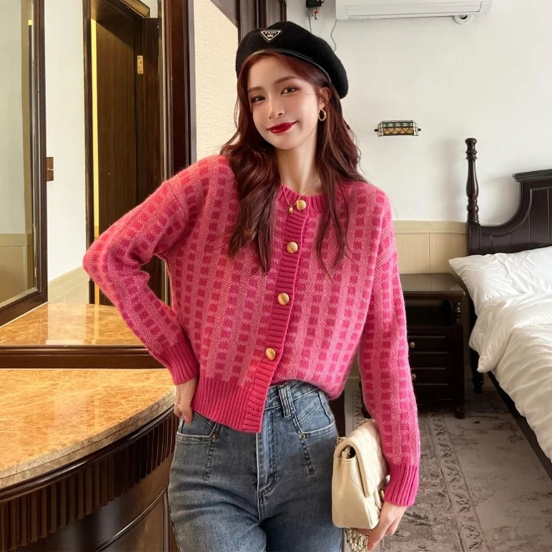 Pink Women Cardigan Korean Sweet Plaid Long Sleeve Female Sweaters Harajuku New O Neck Style Ladies Tops