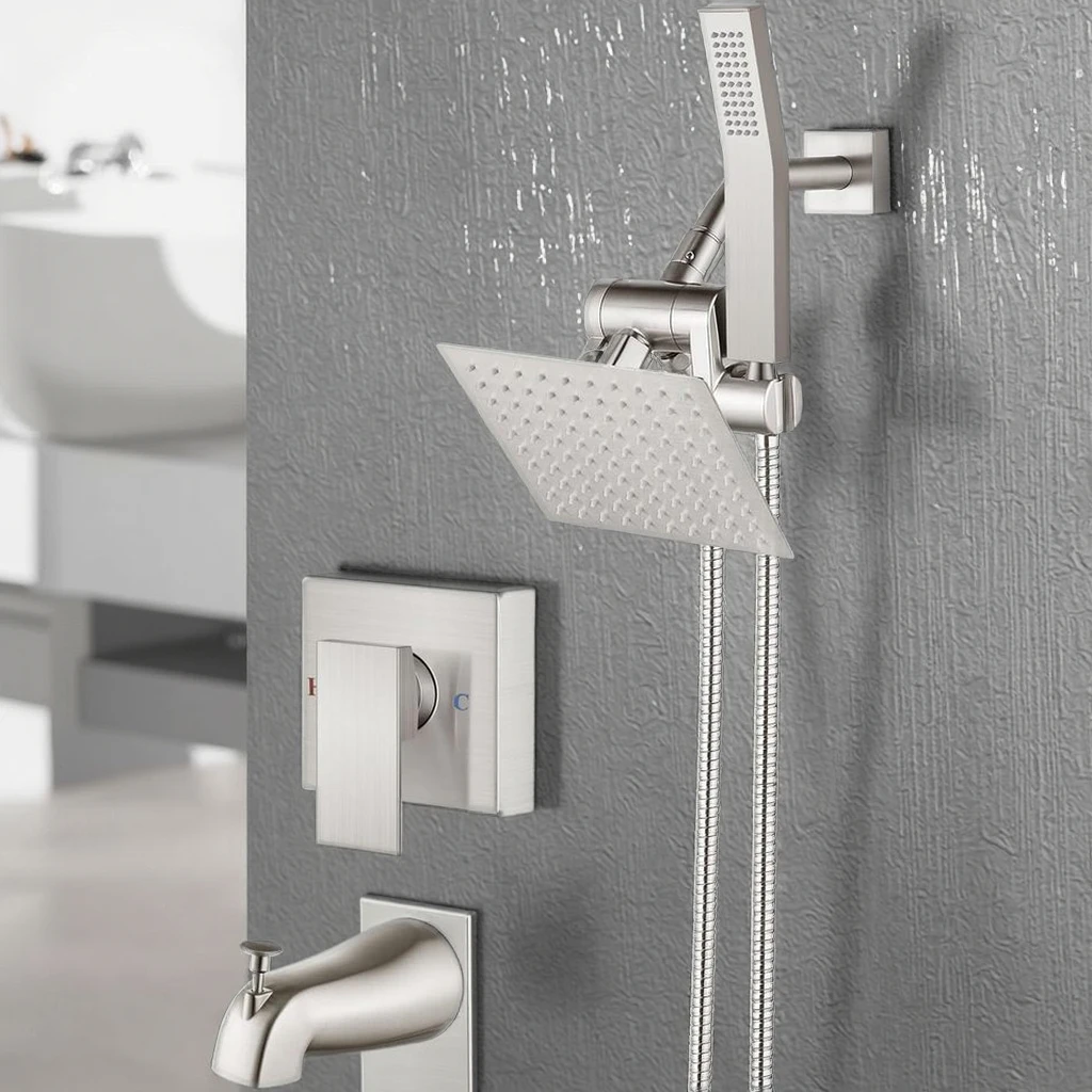 

Handheld Rainfall Shower Head Brushed Nickel Finish Tub Spout Combo Trim Kit Brass Material Includes Rough-in Valve Spray Rain