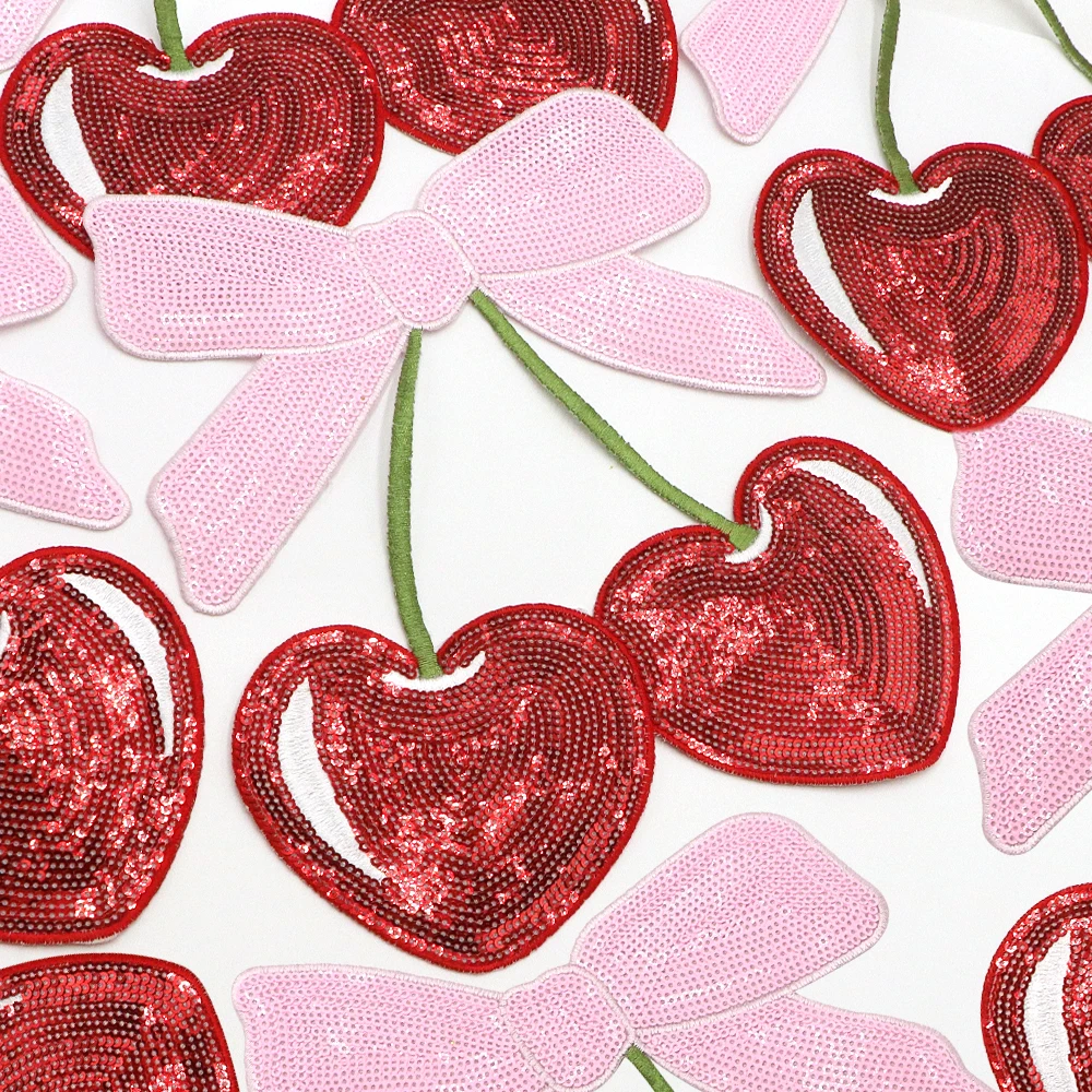 1PC Red Cherry Iron on Patches Fruit Pattern Appliques For Clothing Sequin Cherry Embroidered Patches for DIY Accessories