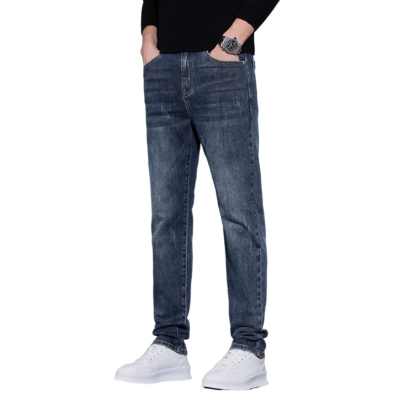 

Мужские деловые джинсы из денима, новые весенние однотонные брюки приталенного кроя из смесового хлопка, повседневные брюки, модная уличная одежда, городской стиль