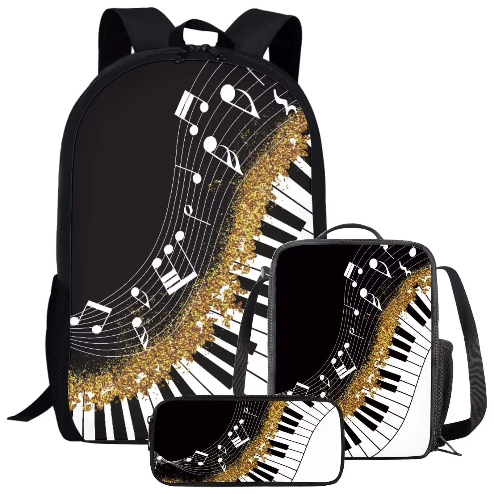 

Piano Key Music Note Backpack Black School Bags with Lunch Box for Girls Large Capacity Aesthetic Kids Comfy Bookbag Set 3 In 1