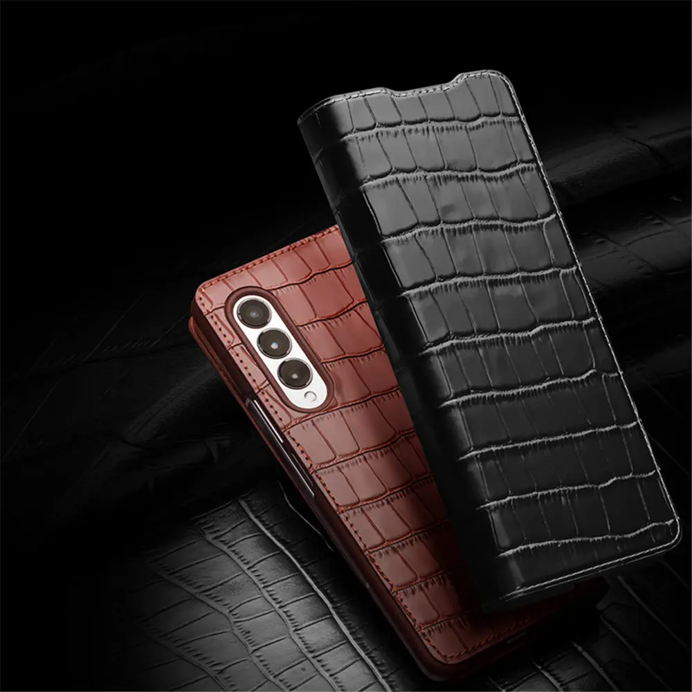 Qialino 정품 가죽 플립 케이스, 악어 패턴 커버, 삼성 갤럭시 Z 폴드 6 5 4