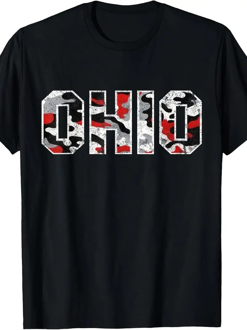 Men's Ohio State Camo T Shirt Distressed Map Design With Ohio 11 Other Locations Soft Breathable Cotton Tee For Hocking Hills