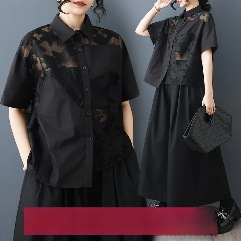 

Loose Casual Spliced Short Sleeve Shirt Black Spring Summer New Style Women's Comfortable Breathable Cotton Polyester Blend