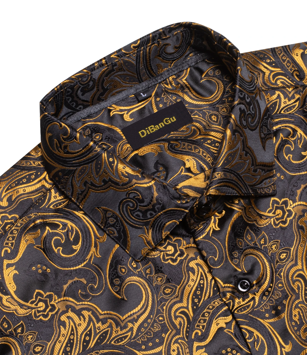 Luxury Men Dress Shirt Formal Prom Tuxedo Long Sleeve Silk Polyester Golden Color Paisley Black Shirts Blouse Men Clothing