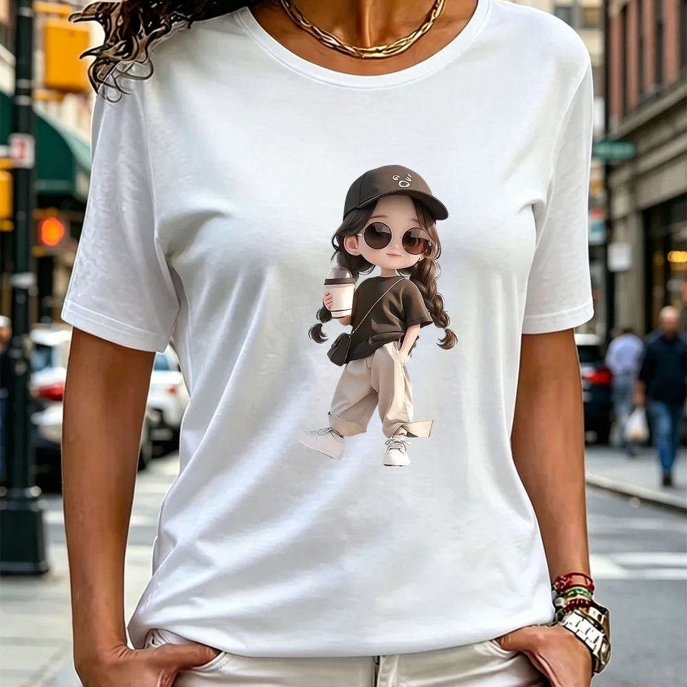 Summer new fashionable women's T-shirt cartoon pattern printed casual round neck short sleeved T-shirt quick drying clothes