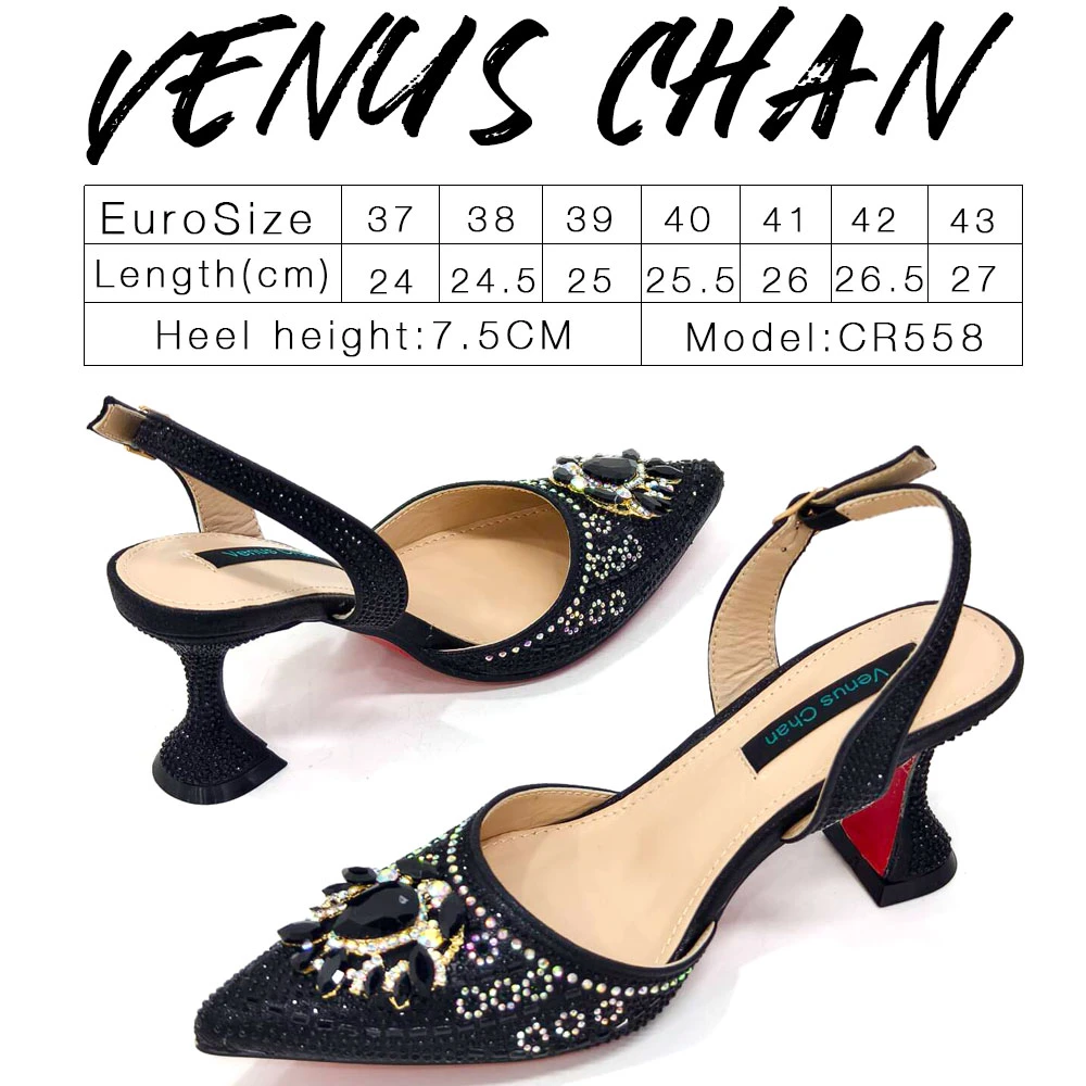 Venus Chan 2024 Latest Wedding Pointed Toe Women\'s Shoes High Heel Black Color Rhinestones italian shoes and bags matching set