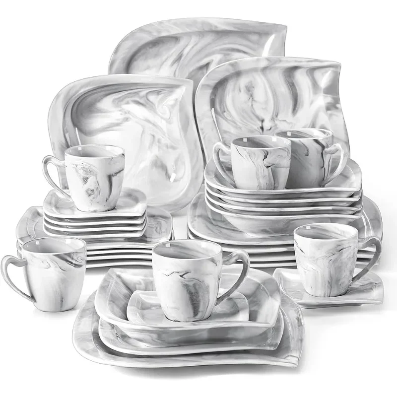 

Plates and Bowls Sets 30-Piece Porcelain Square Dinnerware Sets Marble Dish Set with Dinner Plates Set Cup and Saucer