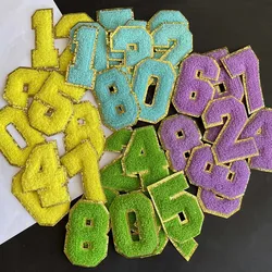 Yellow,Blue,Purple,Green/0-9 Chenille Numbers Applique Embroidery Iron On Patches,Jersey uniform Clothes Badge Fabric Stickers