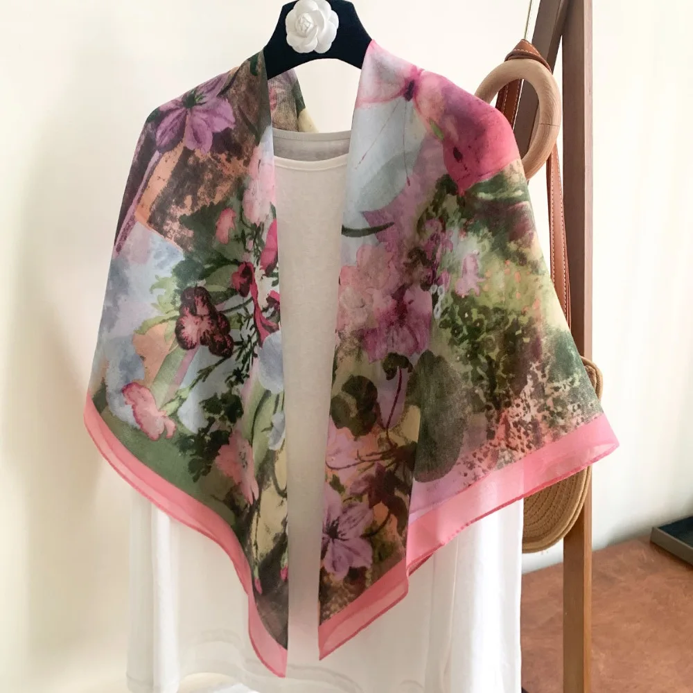 Premium 110cm Women Square Scarf Vintage Breathable Printed Bandana Shawl Thin French Ladies Neck Scarf Sun Protection