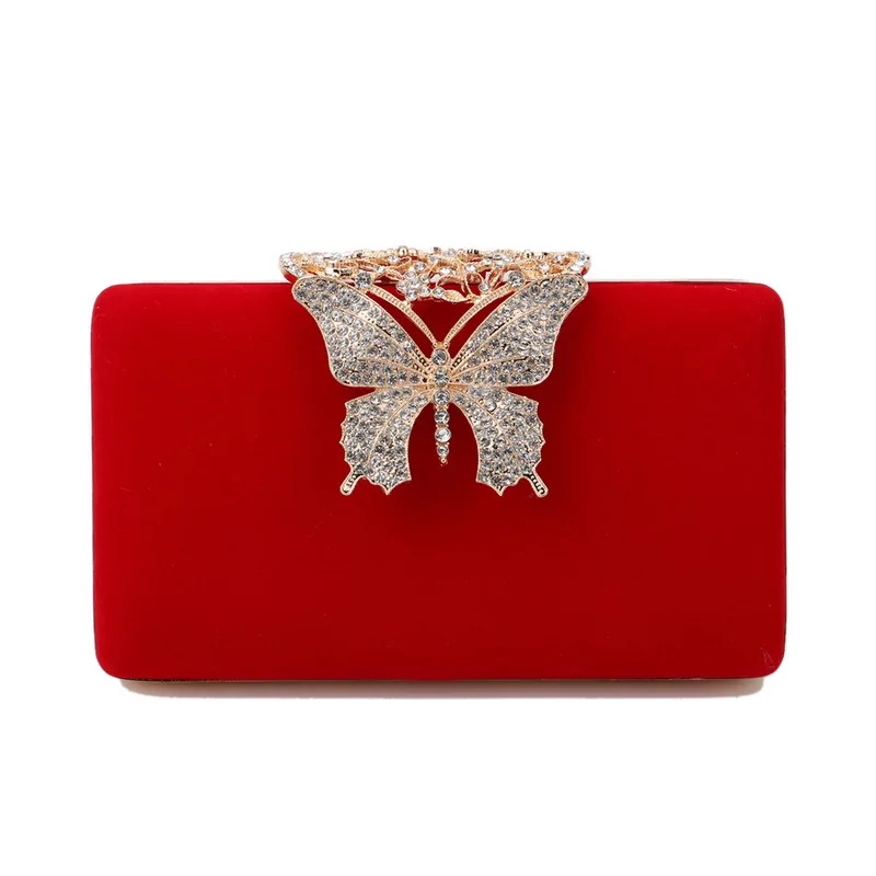 

Female Vintage Red Velvet Evening Bag Retro Studded Diamond Butterfly Buckle Purple Clutch Purses Wedding Party Ladies Hand Bags