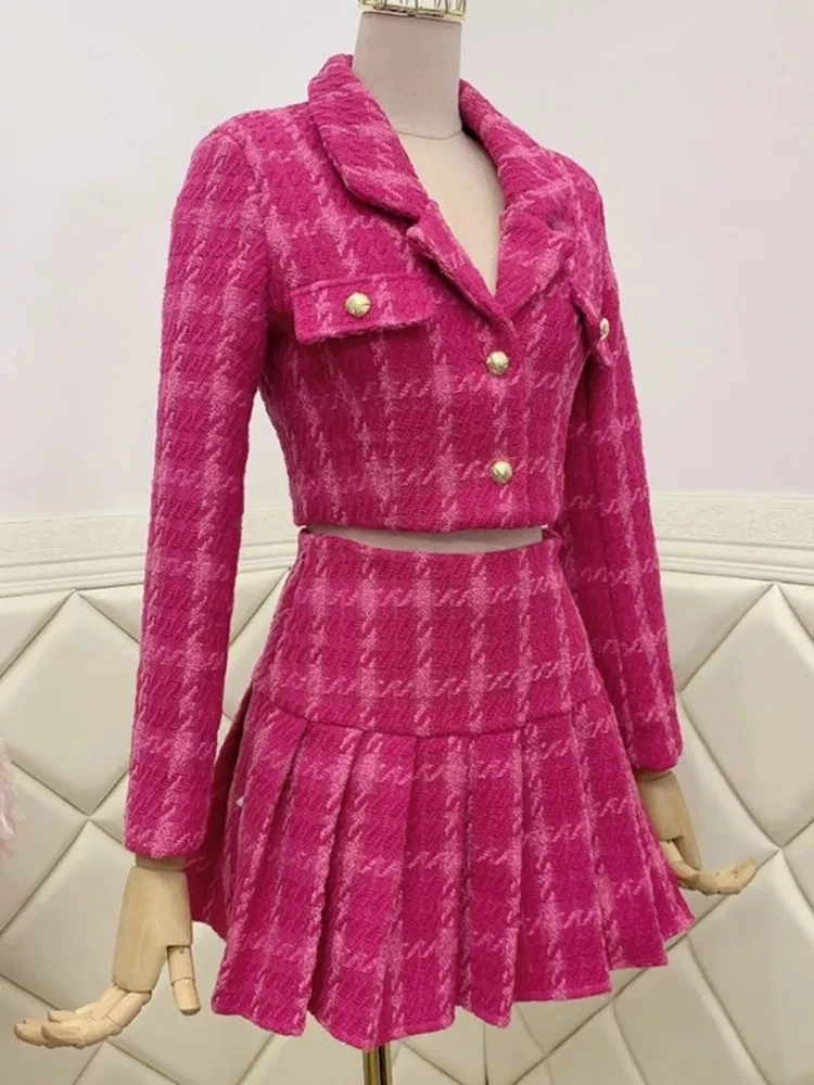 Autumn Small Fragrance Vintage Tweed Two Piece Set Elegant Korea Rose Red Women Crop Top Woolen Short Jacket Coat + Mini Skirts