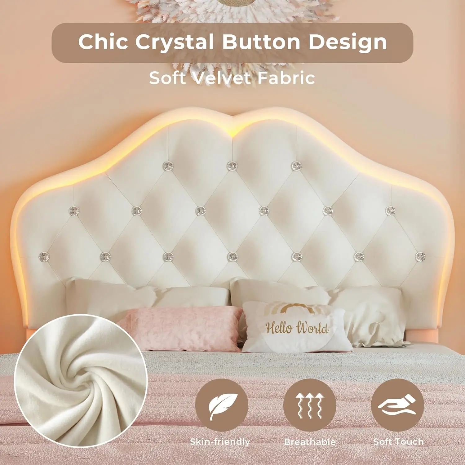 Estrutura de cama estofada tamanho com luzes LED, cabeceira ajustável com botão de cristal, cama plataforma princesa para meninas, woo sólido