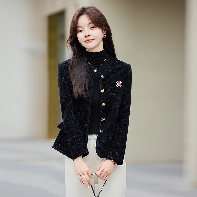 High quality woolen blazer for women single breasted button O neck embroidery autumn winter 2025 elegant  office clothes black