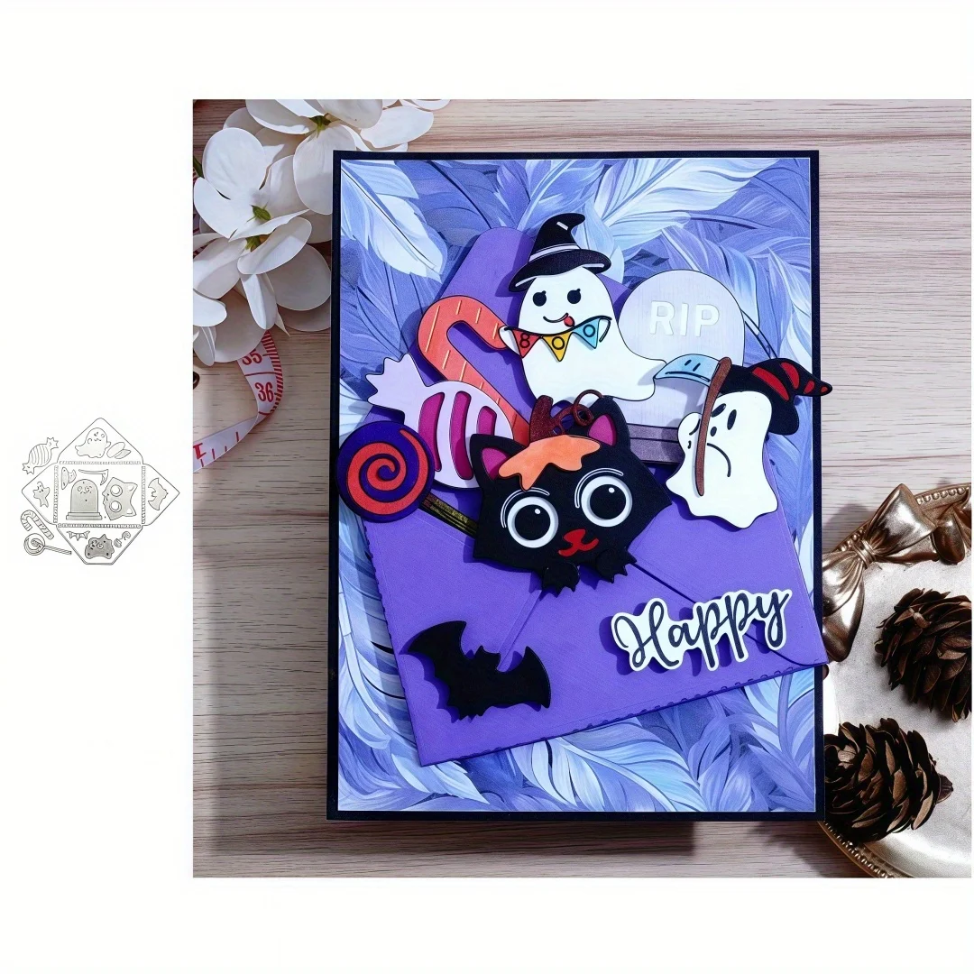 Halloween-Umschlag, Grabstein, Geist, Süßigkeiten, Kätzchen, Fledermaus, Stanzformen für Hintergrunddekoration, Grußkarte, Sammelalbum, DIY, Basteln