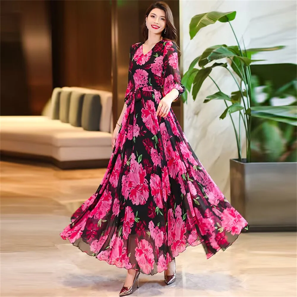 

﻿ 2024 New Spring/Summer Flower Large Swing Dress with Waist for Tourist Holiday Dress Chiffon Dress Beach Dress With Lace-UP