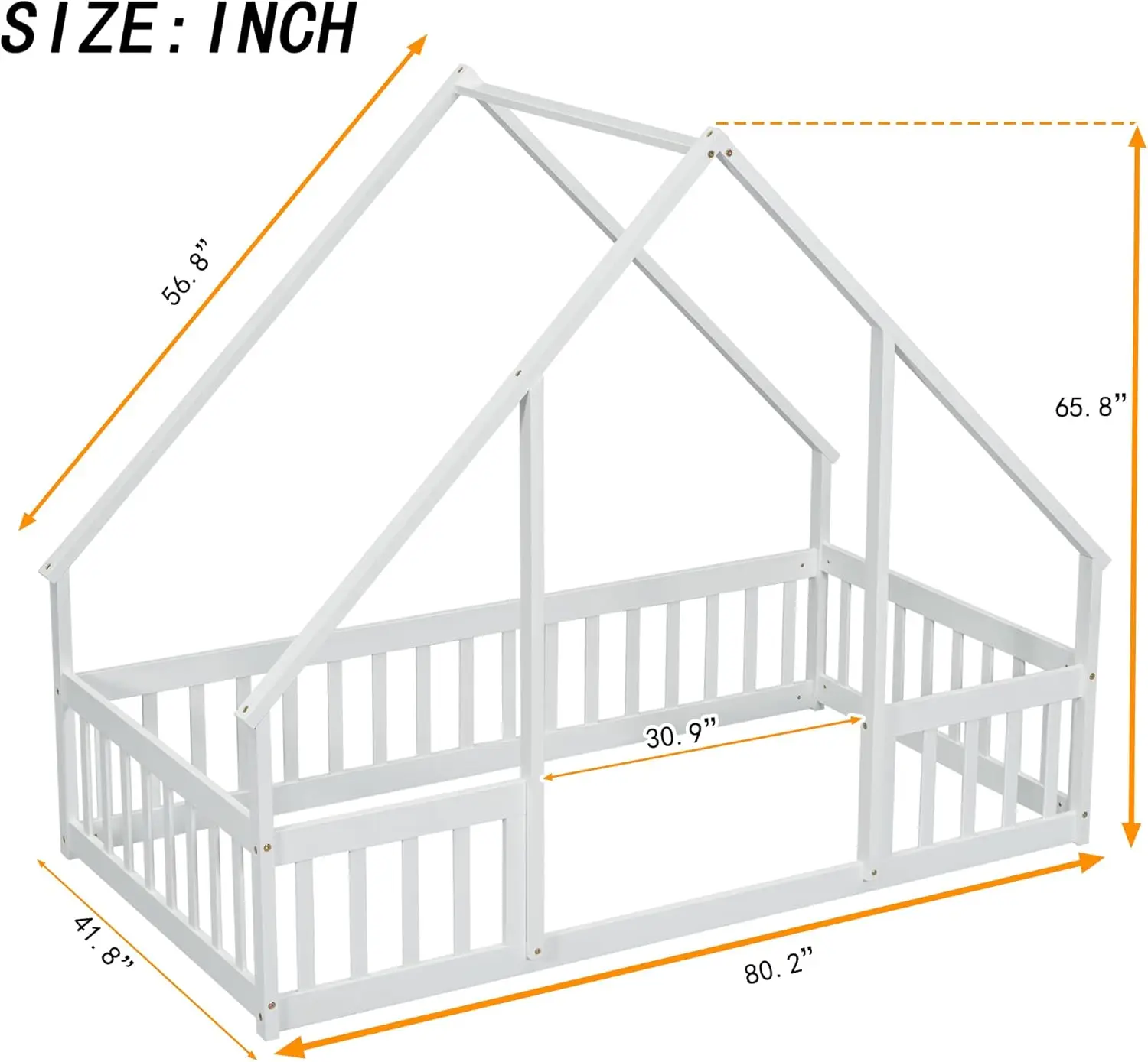 Floor for Kids, Girls, Boys, Wood House Frame, House Floor for Kids, Twin Size Montessori Floor with Fence, Play