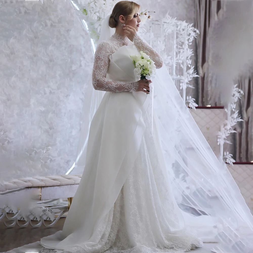 

Fairy Lace Wedding Dresses High Neck Long Sleeve A-Line Women Bride Dress White Garden Bridal Gown Customized robe de mariée