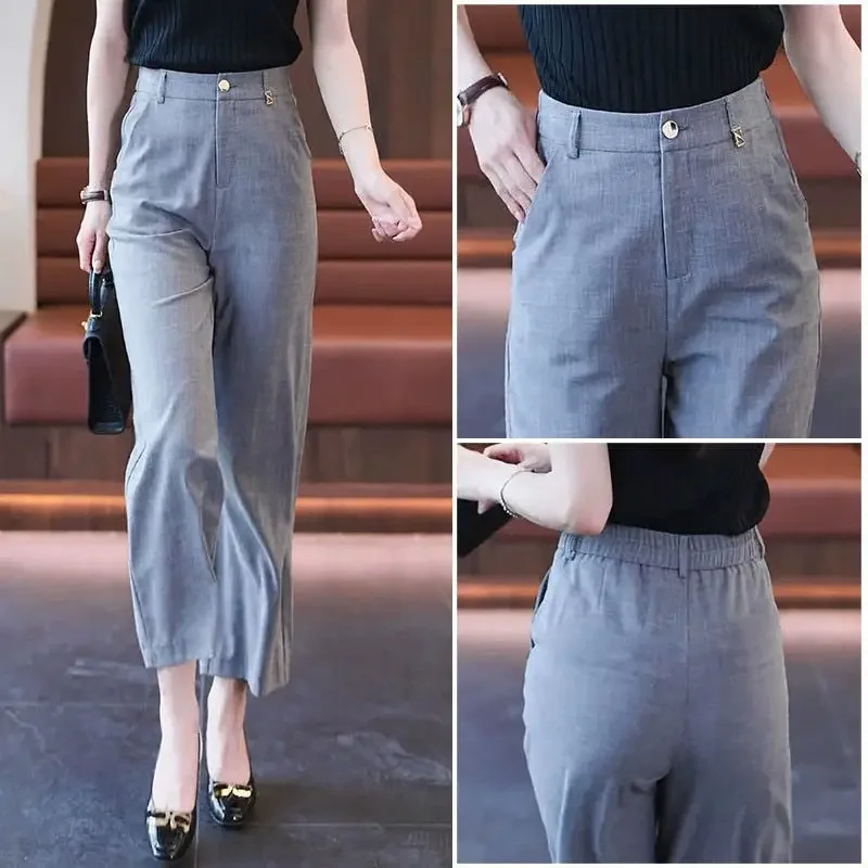 

High-waist Drooping Ice Silk Suit Women's Slim Straight Pants Nine-point Wide-leg Pants for Women in Summer Thin New