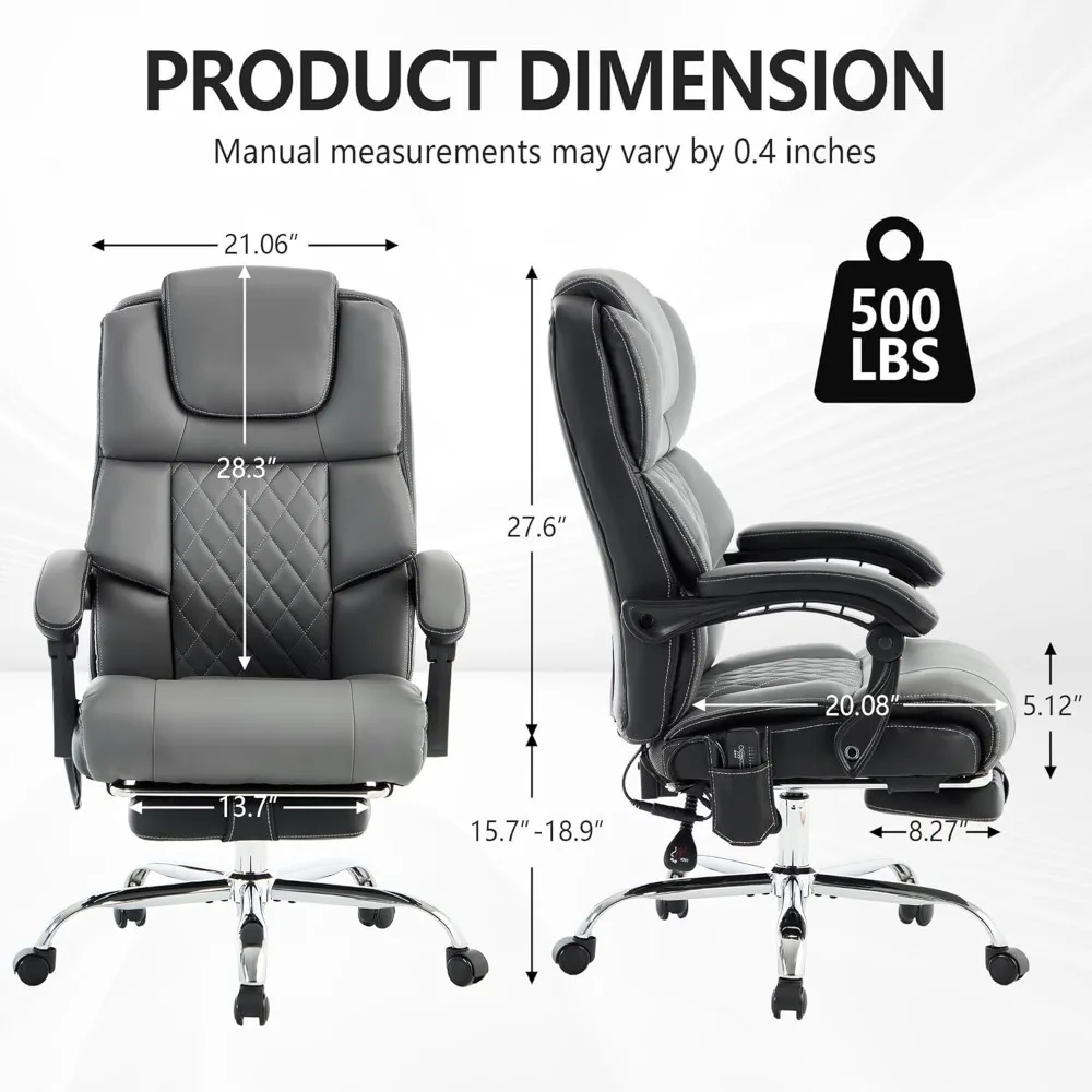 كرسي مكتب التدليك 6 نقاط 500 رطل مع مسند للقدمين، كرسي مكتب جلدي مستلق مع حرارة الاهتزاز، كرسي تنفيذي كبير وطويل #3