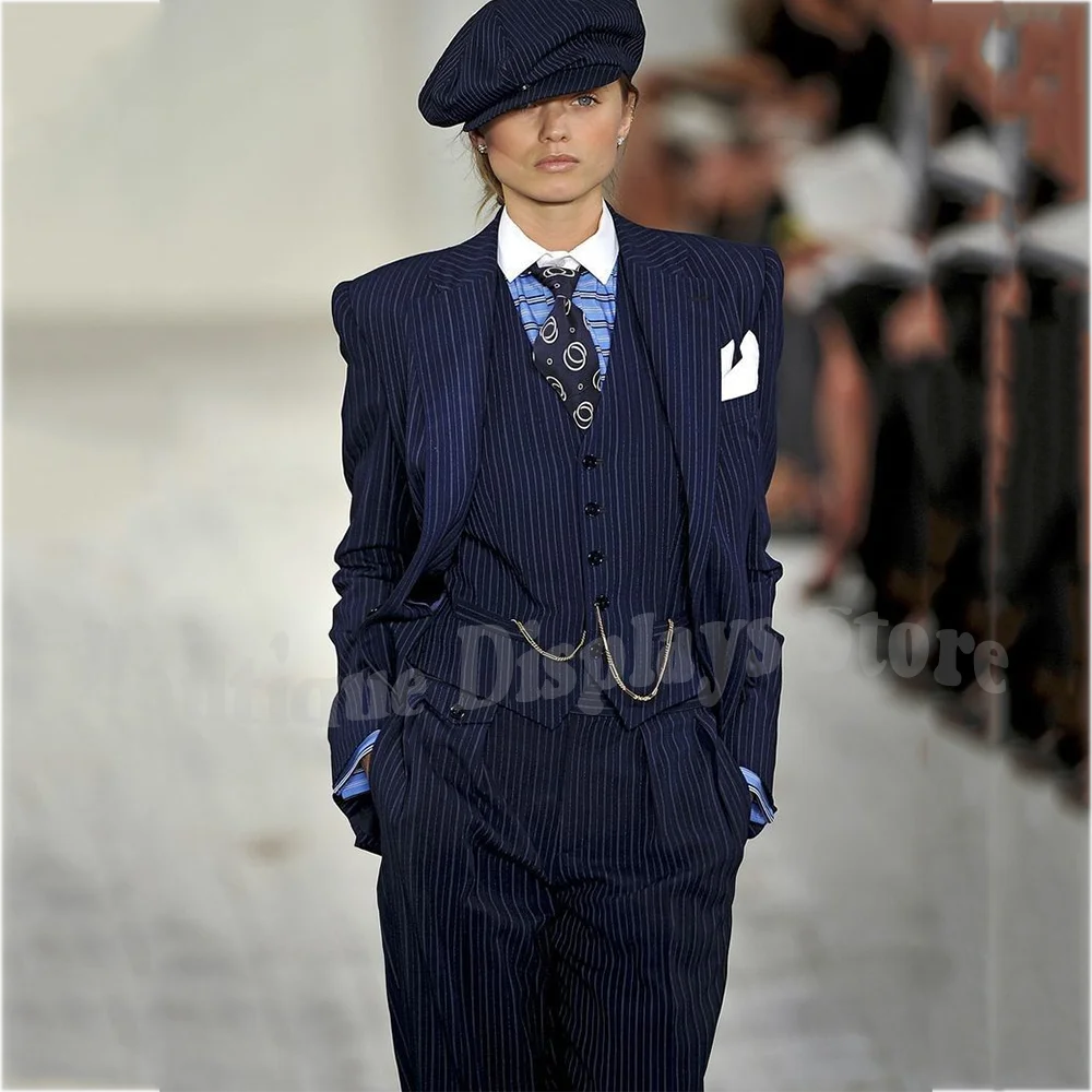 Navy Blue Pinstriped Women's Suit Tailored Three Pieces Jacket Pants Peaked Lapel Classic Business Work Office Lady Blazer Set