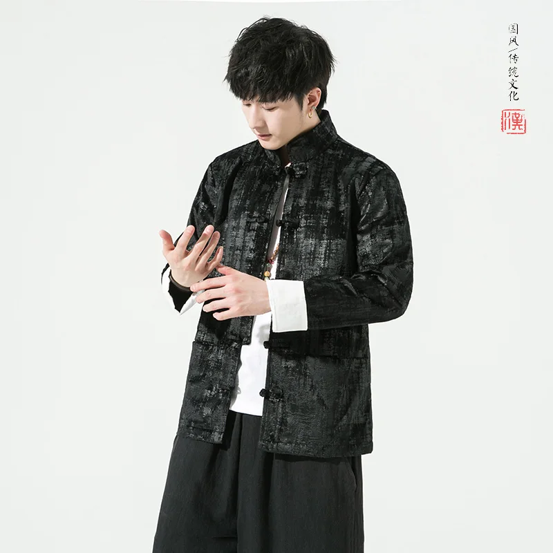 

Casual Men's Jaet Floral Embroidery Stand Collar Spring Autumn New Sle Tang Suit Button Outerwear Leisure Zhongan Suit