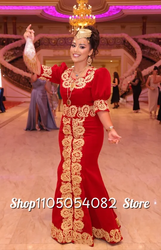 Customized Passionate Red Moroccan Wedding Dresses Square Neck Half Sleeve Gold Lace Appliqué Hip Wrap Floor Length Bridal Gowns