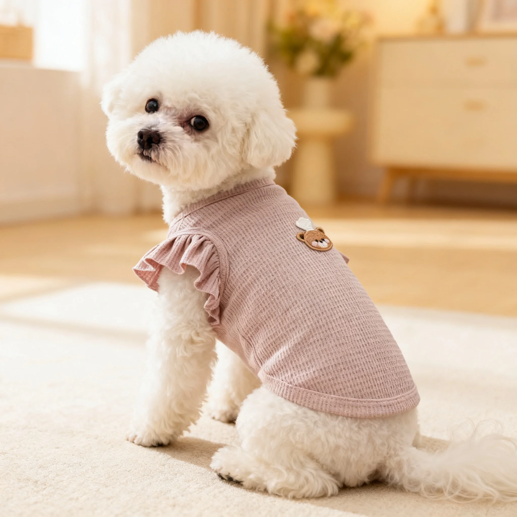 Waffel-Rüschen-Tanktop für kleine Hunde, ärmelloses Haustier-Shirt mit Kochbär-Stickerei, Frühlings- und Sommerkleidung für winzige Welpen – Detail 5