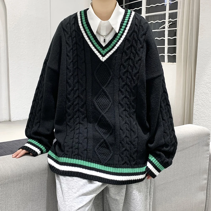 Winter Sweaters Men Warm Retro V-neck Knitted Pullovers Men Streetwear Korean Loose Long Sleeved Sweaters Mens Jumper Clothes