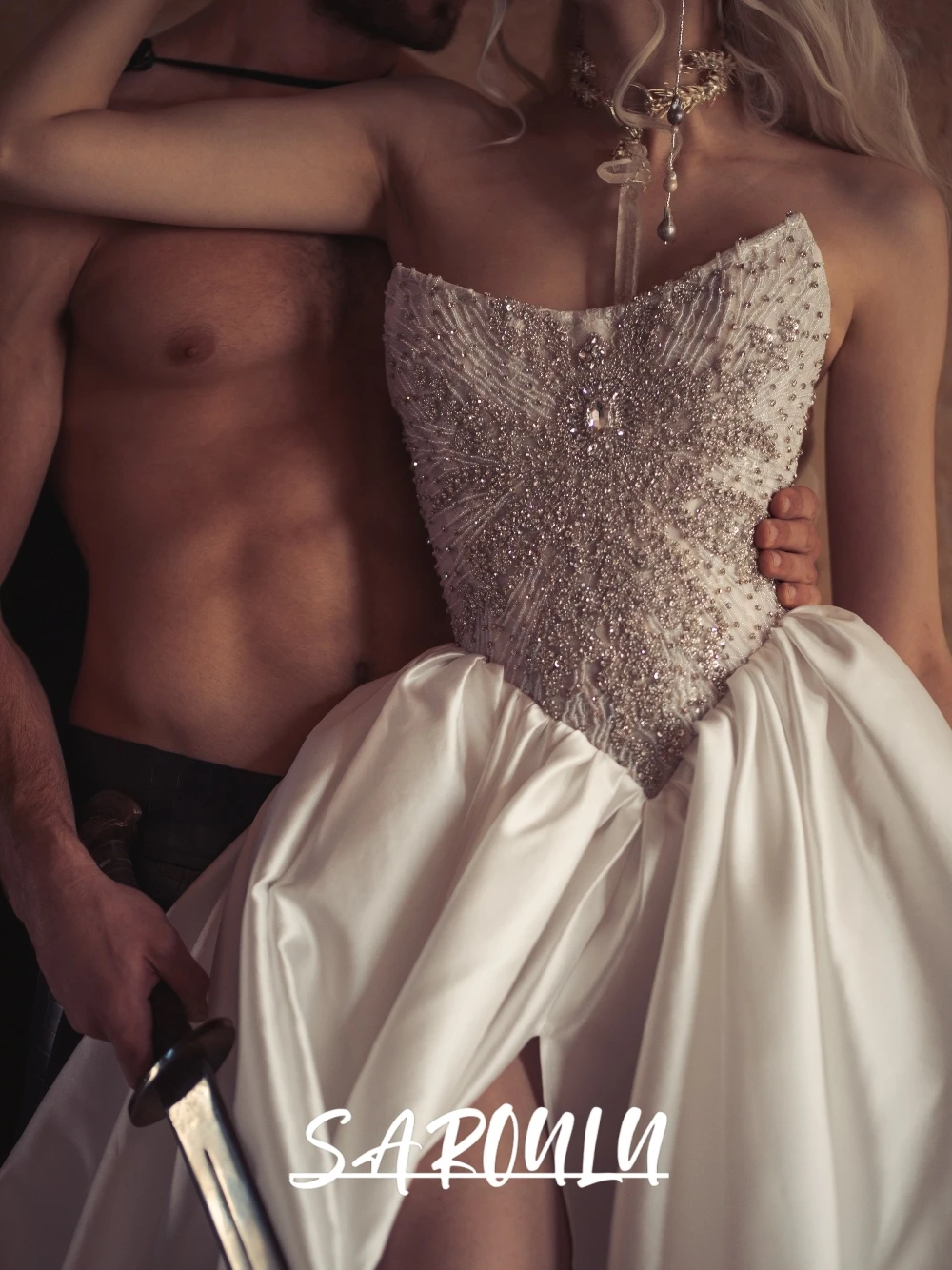 

Delicate Beads Ball Gown For Women, Flowing Satin Train, Elegant Strapless Crystals Customized Bride Wear, Glitter Wedding Dress