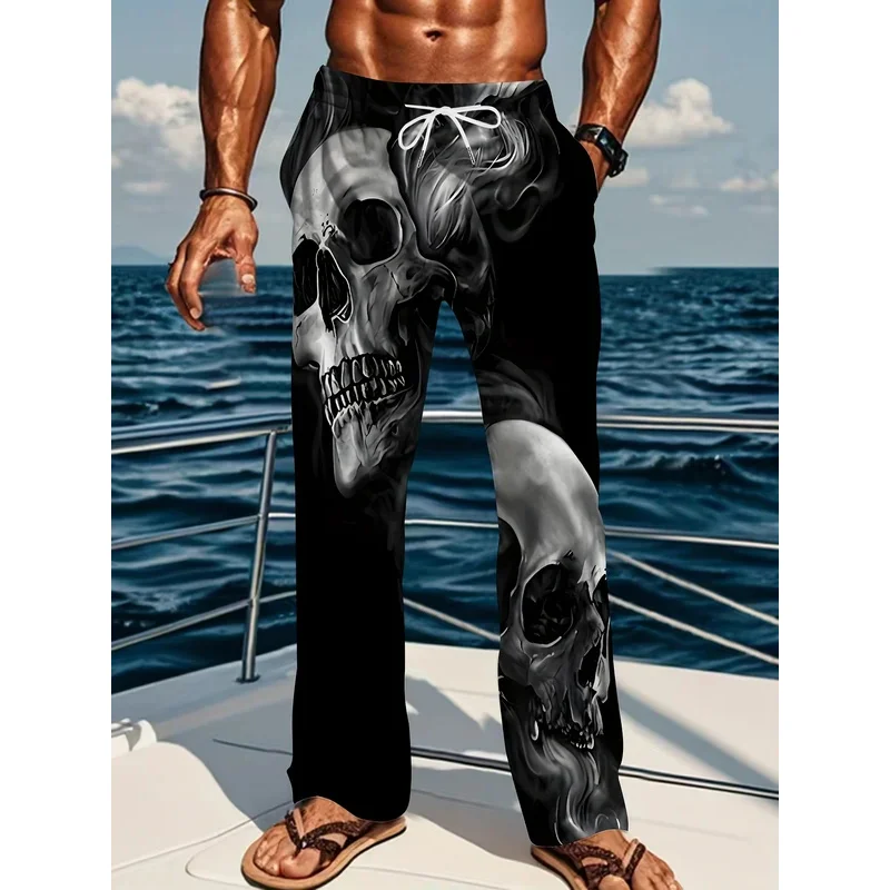 

2025 hot-selling trend skull print men's trousers wide-leg trousers breathable quick-drying casual sports wide-leg trousers