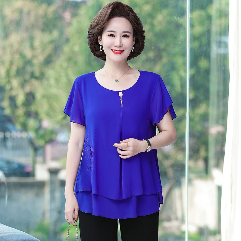 Summer short sleeve Tops Female O Neck Blouse Women Shirt Middle Aged Mother Loose Solid Chic Casual Blouses