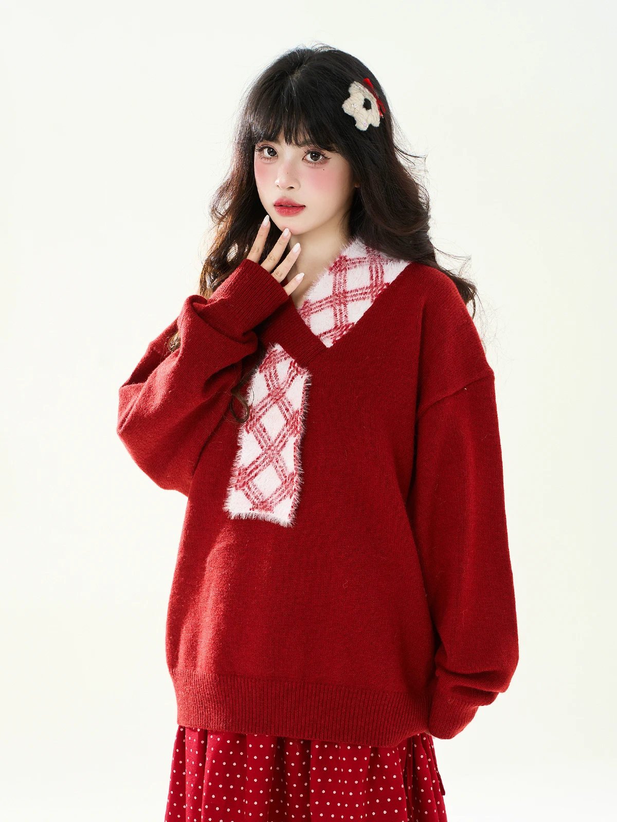 

Новый год, красный свитер с V-образным вырезом, свободный повседневный женский свитер, осенне-зимний дизайн, удобный, в стиле лоу-эйр, топ для женщин