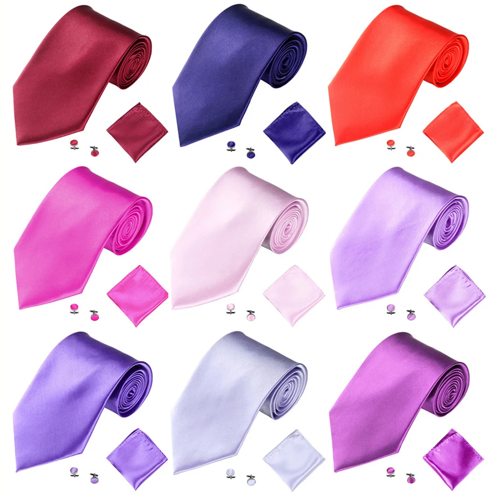 

Fashion Tie Set Men Women 10CM 4'' Wedding Accessories Satin Black Red Blue Gray Yellow Green Pink Cufflinks Hanky Necktie Sets