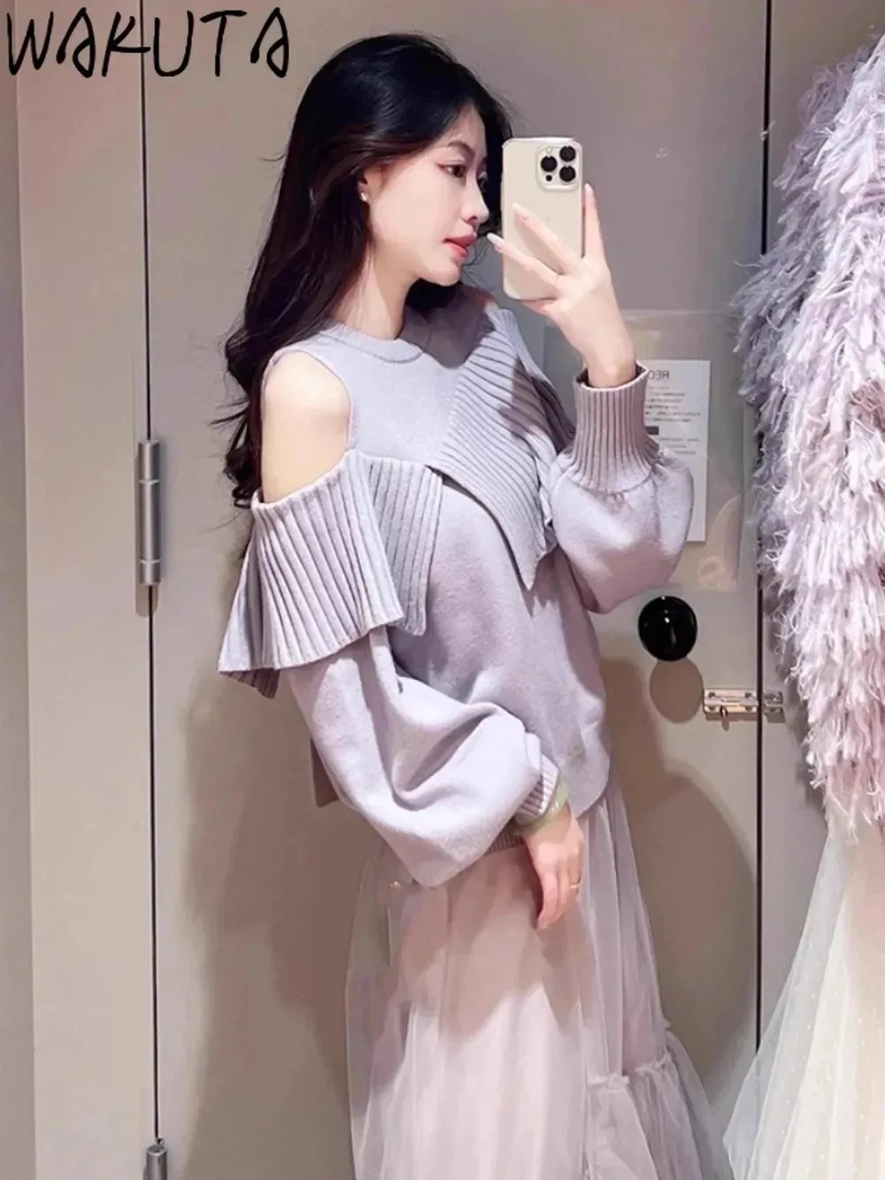 Wakuta O Neck Long Sleeve Sweet Wool Jumper Off Shoulder Slim Fit Elegant Sweaters Japan All-match Shawl Patchwork Pullovers