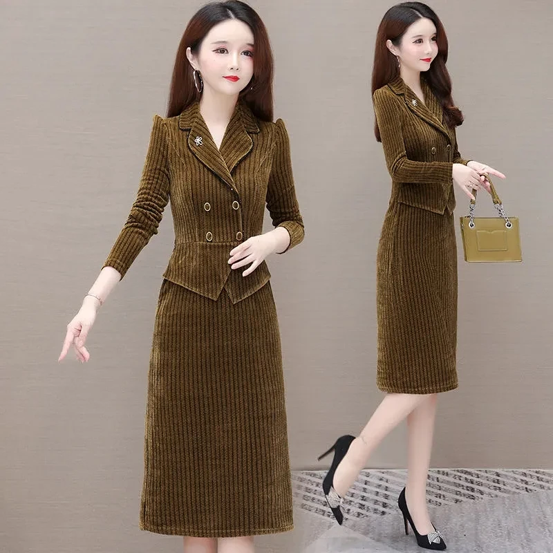 Slim Corduroy Skirt 2 Piece Set Short Blazer Jacket + Straight Midi Faldas Ensembles Plus Size 4xl Elegant Women Skirts Conjunto