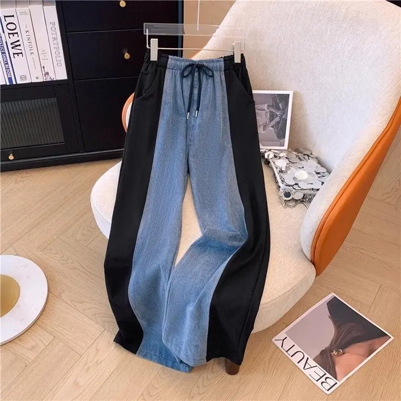 Casual Pant Sets Denim Splicing 2 Pieces Set Summer Polo Collar Zipper Tops + High Waist Wide Leg Trousers Women Clothing Suit