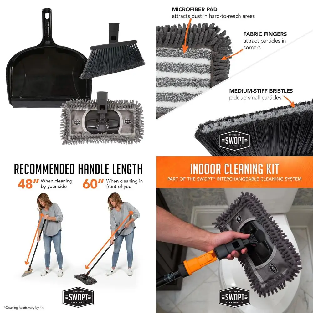 

SWOPT Multi-Surface Cleaning Kit: Angled Broom + 12 Mop Head + Plastic Dustpan for Efficient Cleaning and Storage