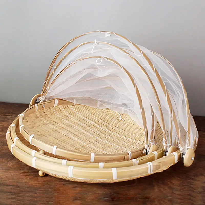 

Household anti-fly bamboo basket food basket fruit basket bamboo woven product with net cover dustpan storage basket