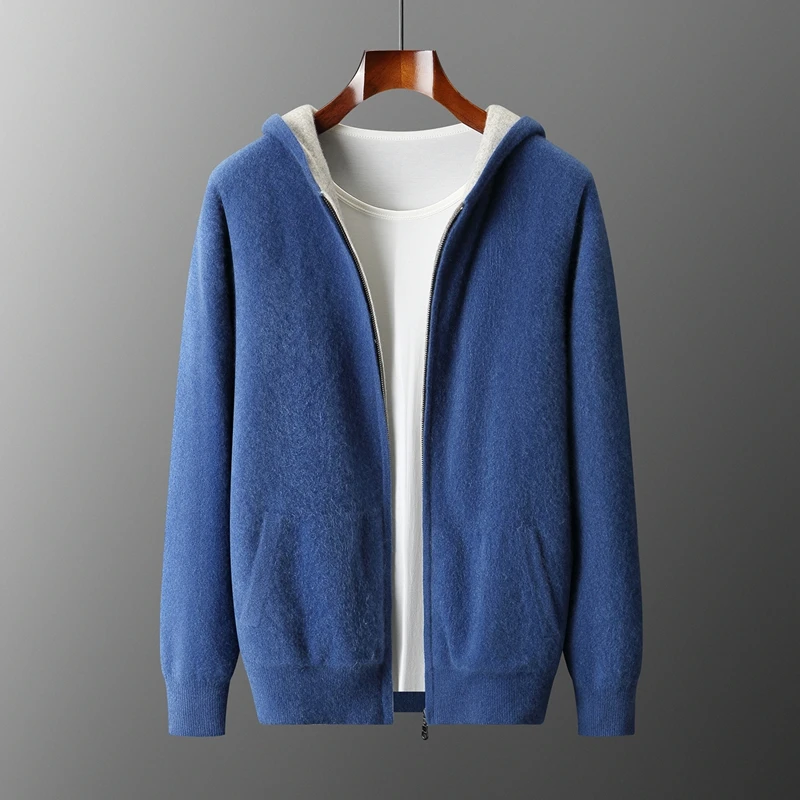

Men Autumn Winter Hooded Zipper Cardigan Sweater Thick Warm Knit Reversible Wool Jacket 100% Merino Wool Sweater Casual Top Coat