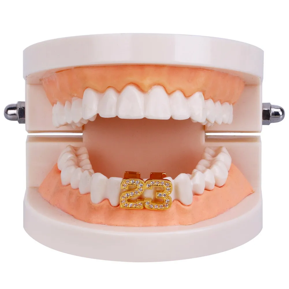 Single Hip Hop Number Teeth Grillz Fashion Rhinestones 14K Gold Silver Color Removable Grills Dental Mouth Punk Teeth Caps