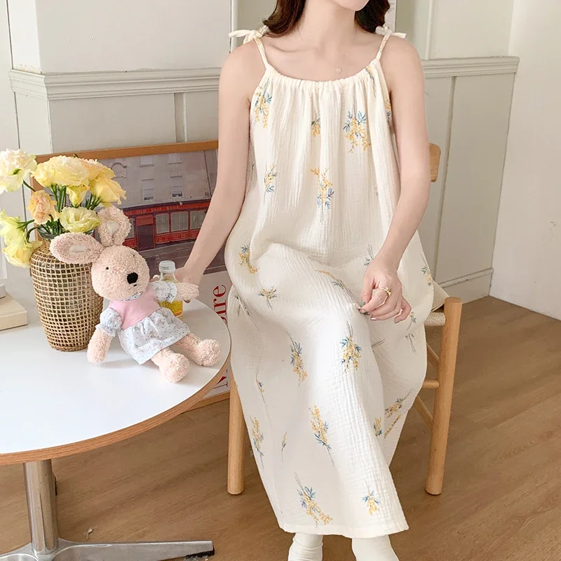 100% Cotton Double Gauze Night Dress for Maternity Summer Robe Sling Nightwear for Pregnant Women Pregnancy Home Sleep Wear