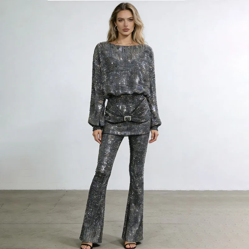 

2025 New Retro Party 2-piece set Round Neck Loose Shoulder Top & High Waisted Spice Girls Flare Pants Fashion Streetwear