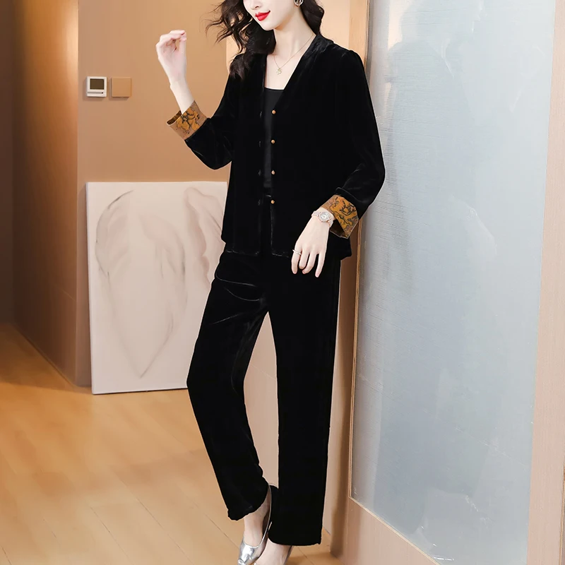 2024 Stripe Black velvet Pants Loose Sets Summer Batwing Sleeve Casual Two Pieces Sets Women Elegant Vintage Party Ladies Suits