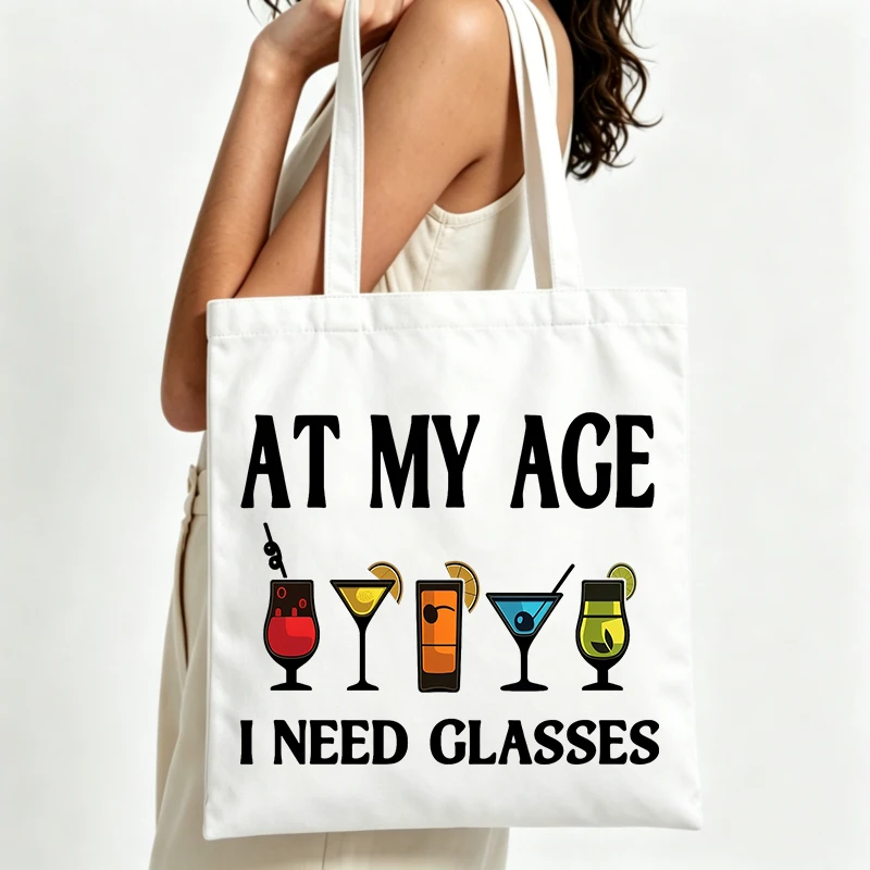cocktail glass graphic canvas tote bag with typography print, ideal for casual outings and daily use