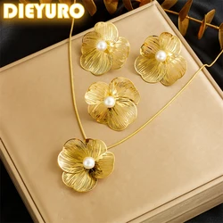 DIEYURO 316L Stainless Golde 3D hollow camellia Pearl Necklace Bracelet Ring Suit Women Girl New Trend Non-fading jewelry Set