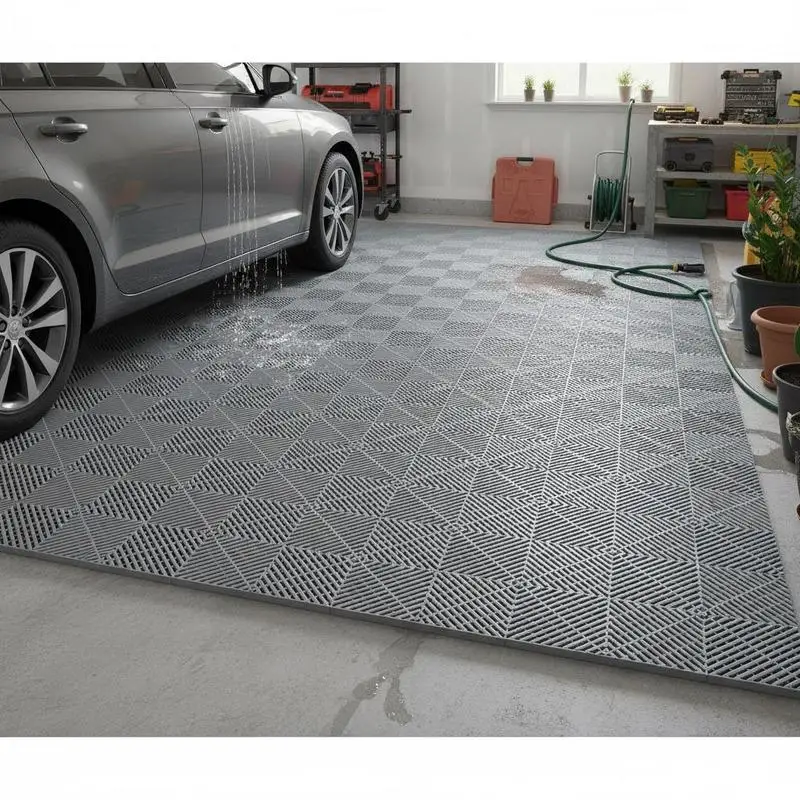 

Modular Splicing Floor Tiles 12” x 12” For Garage Garden Kitchen, 50 Pcs Gray PP Cushion Tiles Drainage Holes Design Interlocking Grid Pattern Multifunctional Indoor Outdoor Use