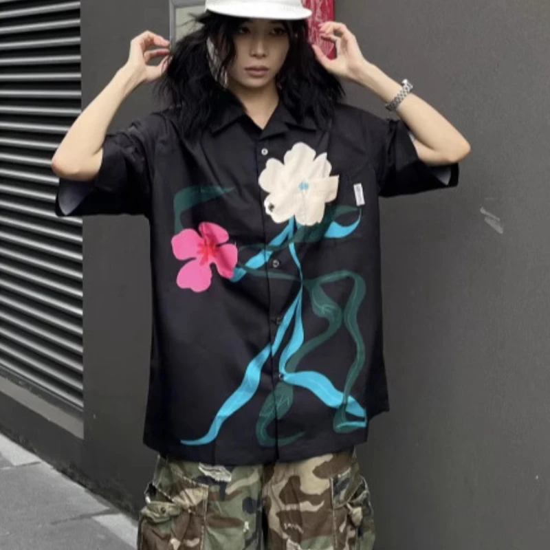 Men's 2025 Summer New Fashion Flower Print Short-sleeve Tops Loose Comfort Chic Shirt Trendy Male Color Matching Handsome Shirts