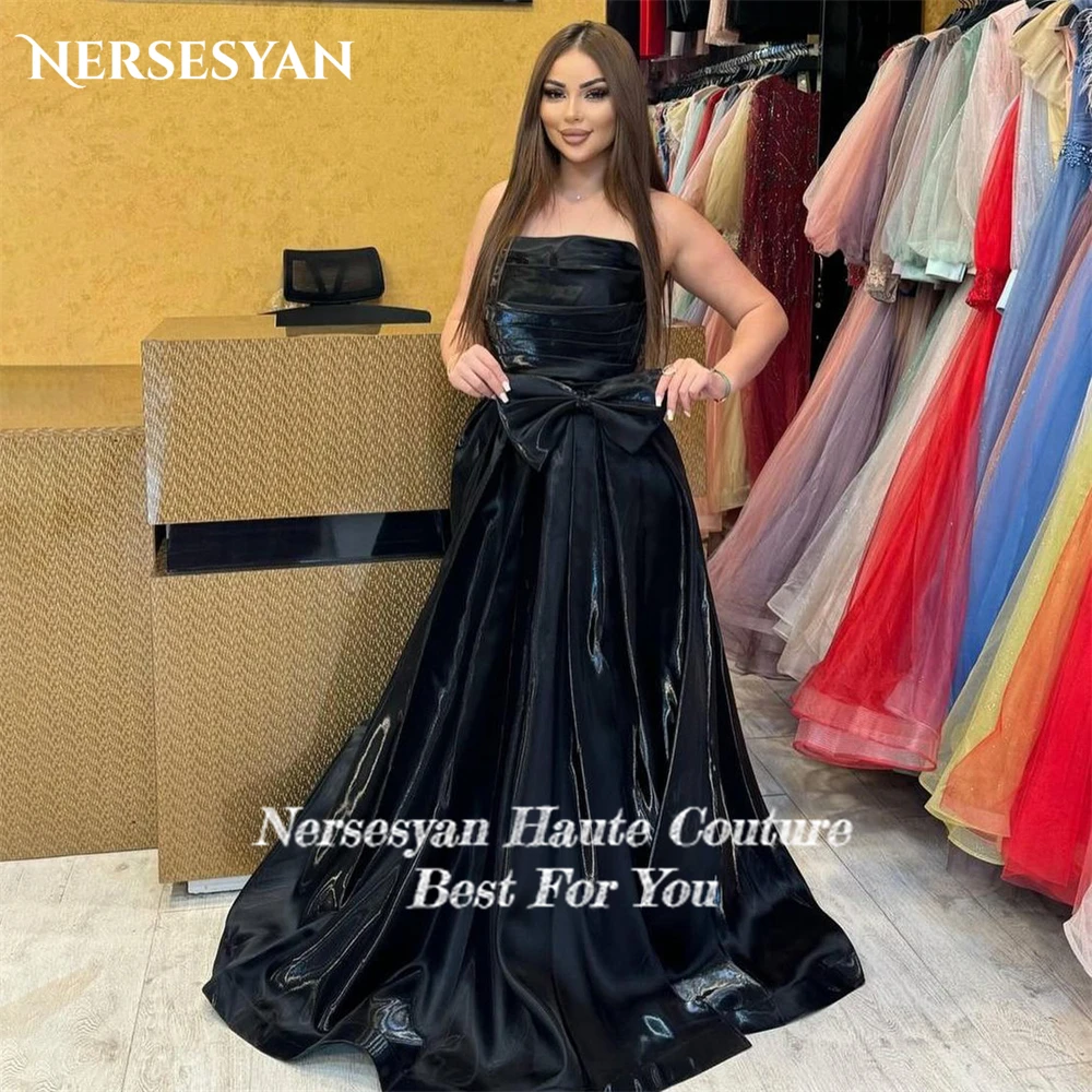 Nersesyan Shiny Black Formal Evening Dresses A-Line Bow Strapless Sleeveless Prom Dress Off Shoulder Backless Solid Party Gowns